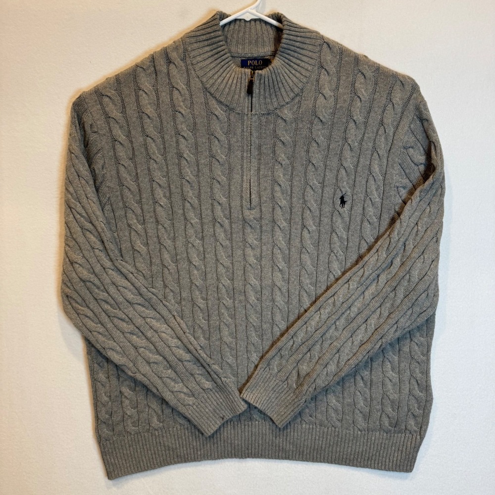 Polo Ralph Lauren Grey Cable Knit Quarter Zip Sweater Mens 4XB Big & Tall Cotton
